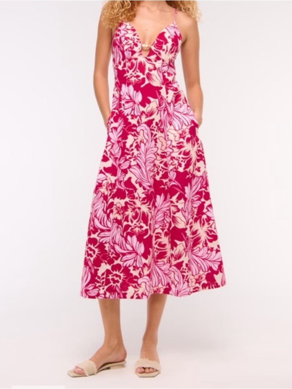 Abercrombie & Fitch Beaded Flowy Floral Red Pink Midi Dress Linen Blend Size XL - Picture 1 of 13